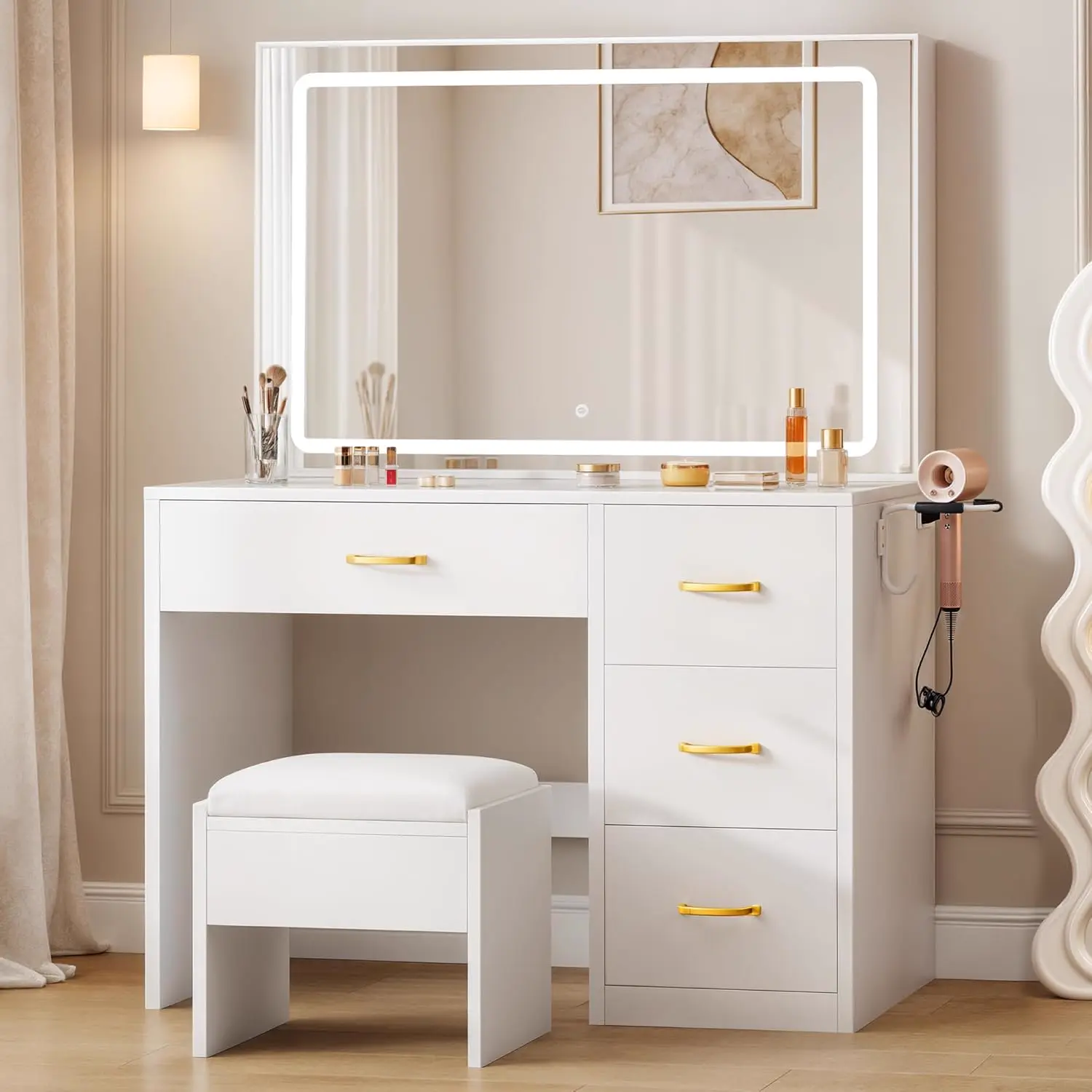 Σετ μπουντουάρ ELARA HOME με φωτιζόμενο καθρέφτη και σκαμπό — εικόνα 1
